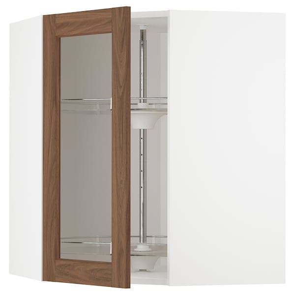 METOD - Corner wall cab w carousel/glass dr, white Enköping/brown walnut effect, 68x80 cm