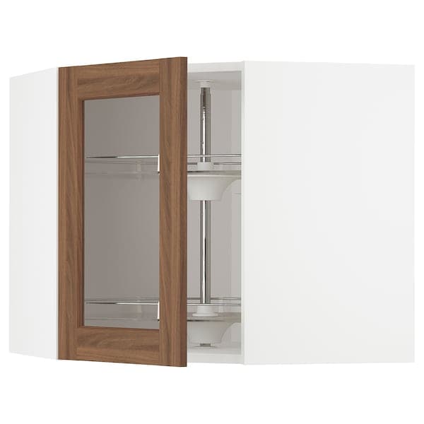 Ikea METOD - Corner wall cab w carousel/glass dr, white Enköping/brown walnut effect, 68x60 cm