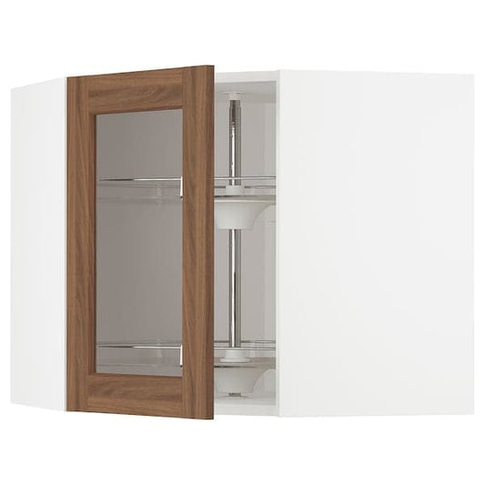 Ikea METOD - Corner wall cab w carousel/glass dr, white Enköping/brown walnut effect, 68x60 cm