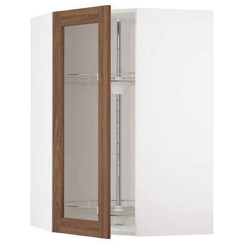 METOD - Corner wall cab w carousel/glass dr, white Enköping/brown walnut effect, 68x100 cm