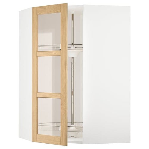 METOD corner wall cab w carousel/glass dr, white/Forsbacka oak, 68x100 cm