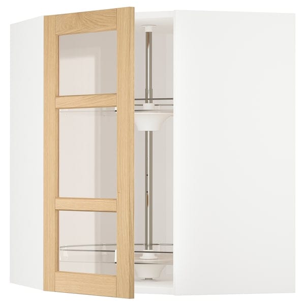 Ikea METOD - Corner wall cab w carousel/glass dr, white/Forsbacka oak, 68x80 cm