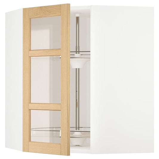 Ikea METOD - Corner wall cab w carousel/glass dr, white/Forsbacka oak, 68x80 cm