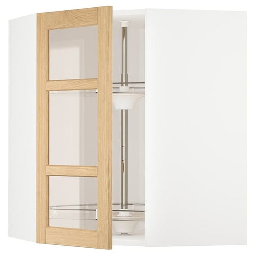 METOD corner wall cab w carousel/glass dr, white/Forsbacka oak, 68x80 cm