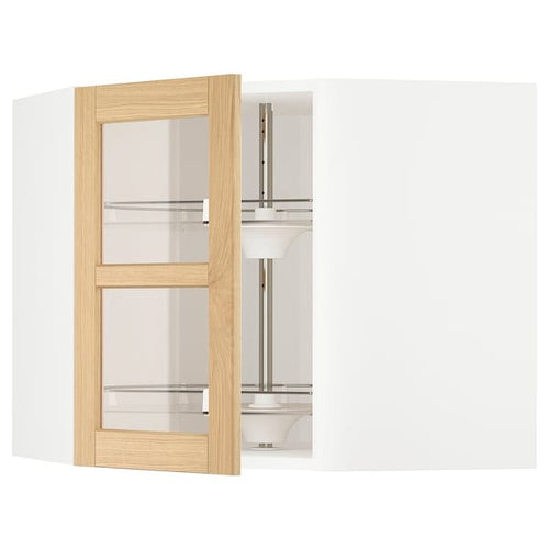 METOD corner wall cab w carousel/glass dr, white/Forsbacka oak, 68x60 cm