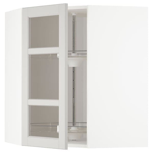 METOD corner wall cab w carousel/glass dr, white/Lerhyttan light grey, 68x80 cm