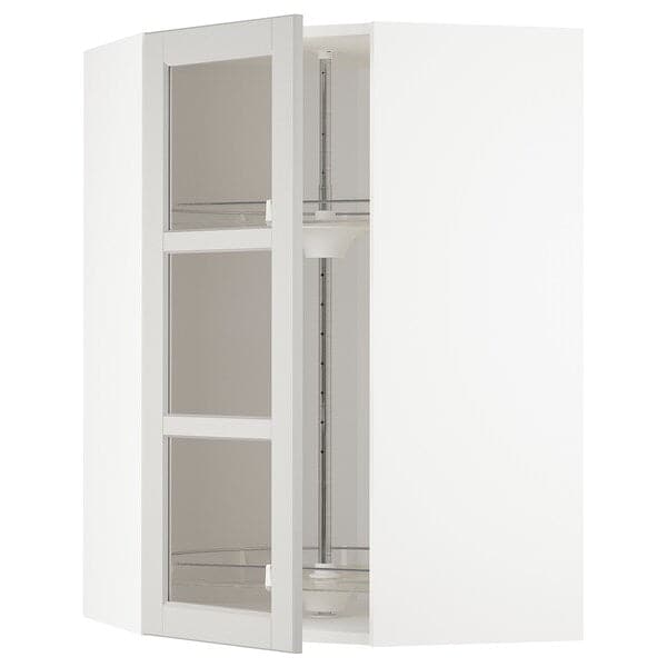 METOD - Corner wall cab w carousel/glass dr, white/Lerhyttan light grey, 68x100 cm
