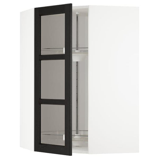 Ikea METOD - Corner wall cab w carousel/glass dr, white/Lerhyttan black stained , 68x100 cm