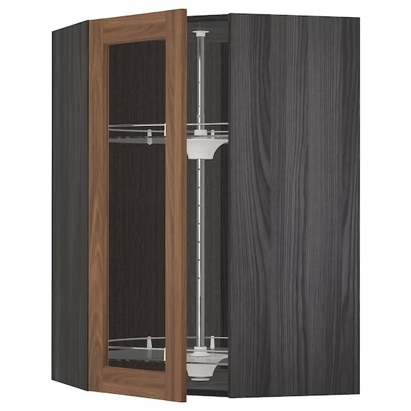 METOD - Corner wall cab w carousel/glass dr, black Enköping/brown walnut effect, 68x100 cm