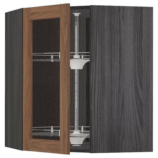 METOD - Corner wall cab w carousel/glass dr, black Enköping/brown walnut effect, 68x80 cm - best price from Maltashopper.com 39476761