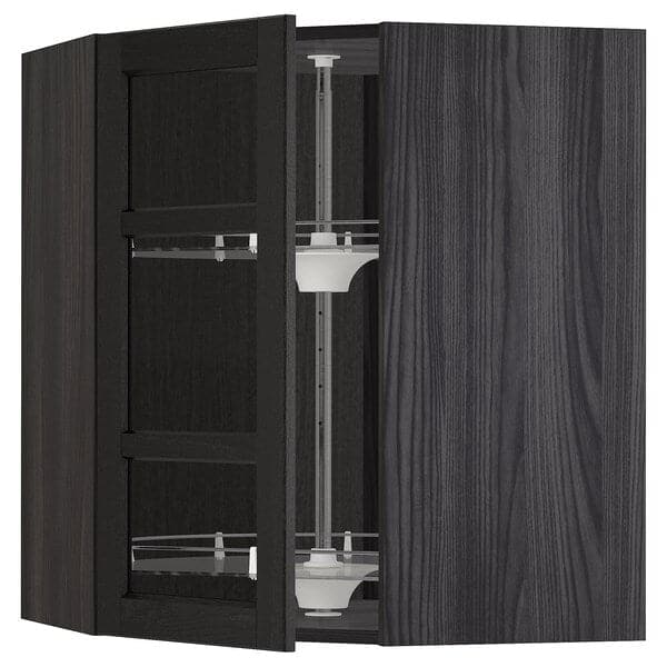 METOD corner wall cab w carousel/glass dr, black/Lerhyttan black stained, 68x80 cm