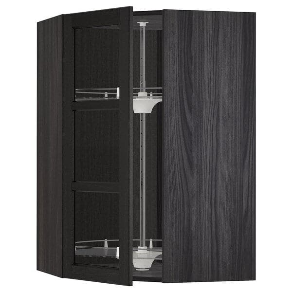 METOD - Corner wall cab w carousel/glass dr, black/Lerhyttan black stained, 68x100 cm