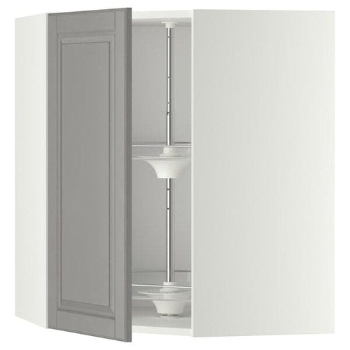 METOD - Corner wall cabinet with carousel, white/Bodbyn grey, 68x80 cm