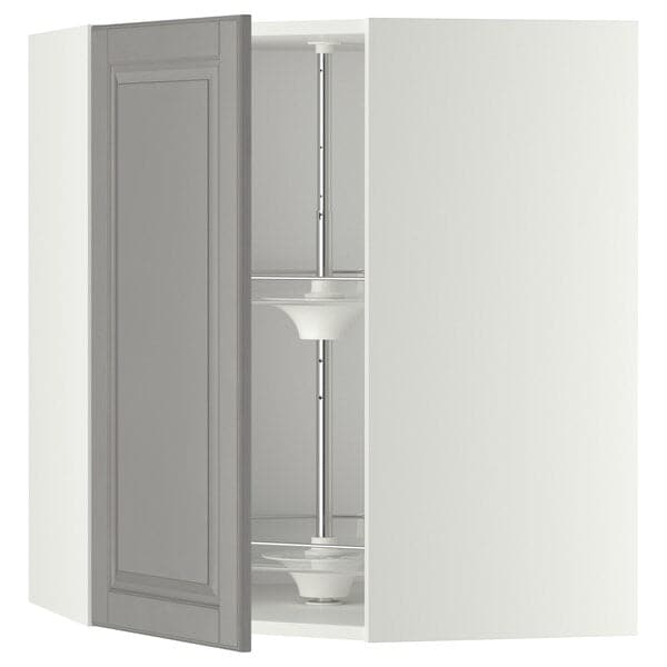 METOD - Corner wall cabinet with carousel, white/Bodbyn grey, 68x80 cm