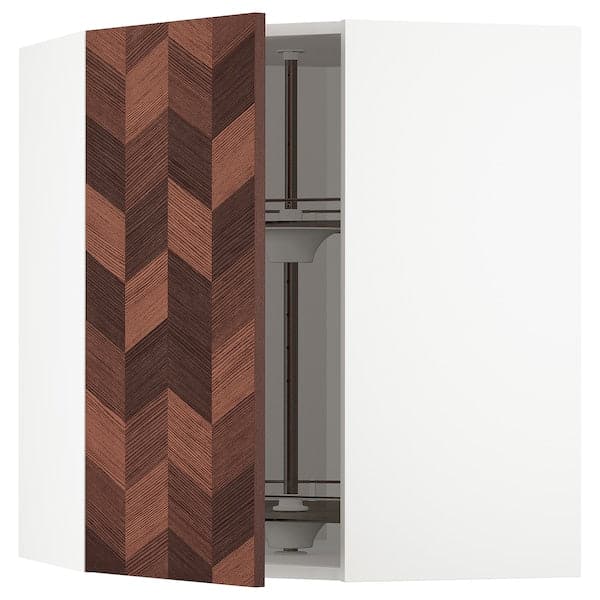 METOD - Corner wall cabinet with carousel, white Hasslarp/brown patterned , 68x80 cm - best price from Maltashopper.com 29401021