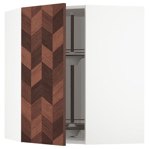 METOD - Corner wall cabinet with carousel, white Hasslarp/brown patterned , 68x80 cm
