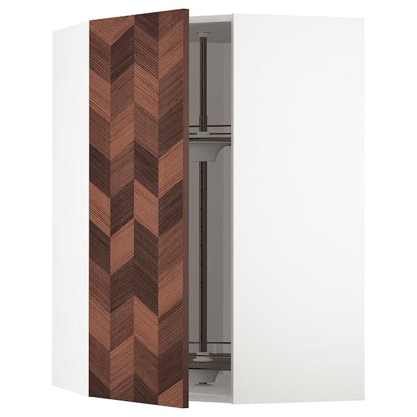 METOD - Corner wall cabinet with carousel, white Hasslarp/brown patterned , 68x100 cm - best price from Maltashopper.com 89401023