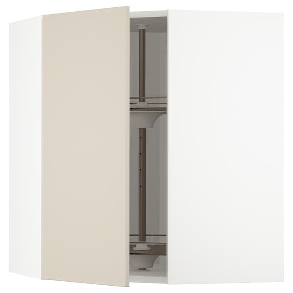 METOD - Corner wall cabinet with carousel, white/Havstorp beige, 68x80 cm