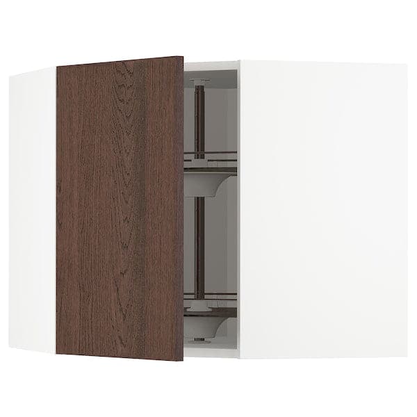 METOD - Corner wall cabinet with carousel, white/Sinarp brown , 68x60 cm - best price from Maltashopper.com 99404525