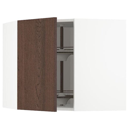 METOD - Corner wall cabinet with carousel, white/Sinarp brown , 68x60 cm