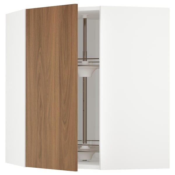 METOD - Corner wall cabinet with carousel, white/Tistorp brown walnut effect, 68x80 cm