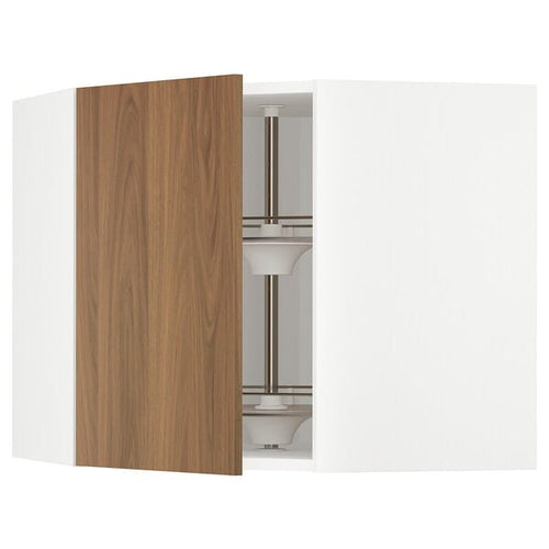 METOD - Corner wall cabinet with carousel, white/Tistorp brown walnut effect, 68x60 cm