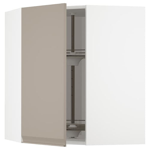 METOD - Corner wall cabinet with carousel, white/Upplöv matt dark beige , 68x80 cm