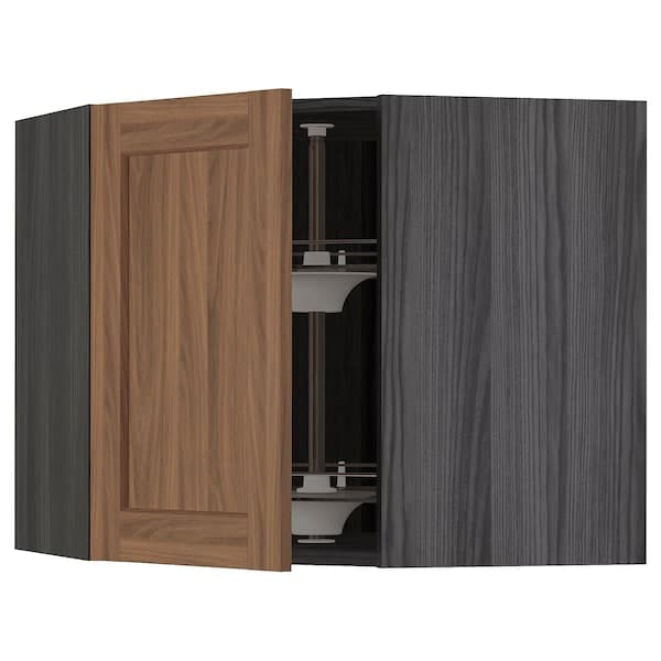 METOD - Corner wall cabinet with carousel, black Enköping/brown walnut effect, 68x60 cm