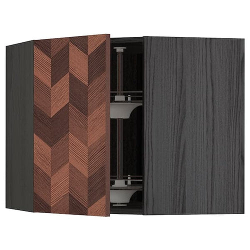 METOD - Corner wall cabinet with carousel, black Hasslarp/brown patterned , 68x60 cm