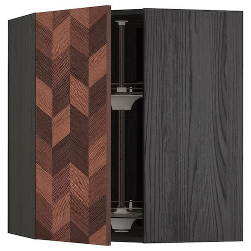 METOD - Corner wall cabinet with carousel, black Hasslarp/brown patterned , 68x80 cm