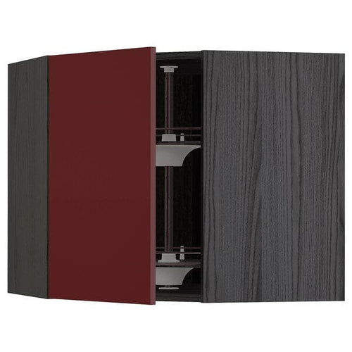 METOD - Corner wall cabinet with carousel, black Kallarp/high-gloss dark red-brown , 68x60 cm
