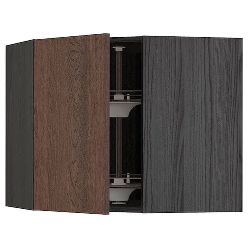 METOD - Corner wall cabinet with carousel, black/Sinarp brown ,