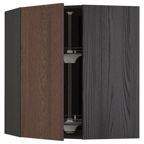 METOD - Corner wall cabinet with carousel, black/Sinarp brown , 68x80 cm