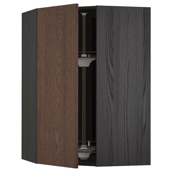 Ikea METOD - Corner wall cabinet with carousel, black/Sinarp brown , 68x100 cm