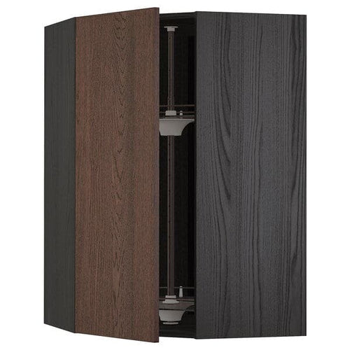 METOD - Corner wall cabinet with carousel, black/Sinarp brown , 68x100 cm