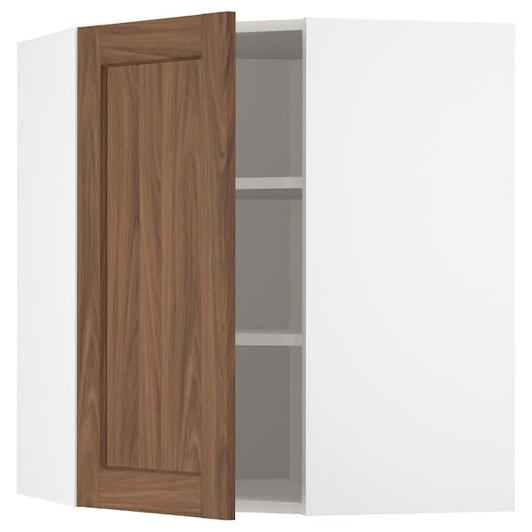 METOD - Corner wall cabinet with shelves, white Enköping/brown walnut effect, 68x80 cm