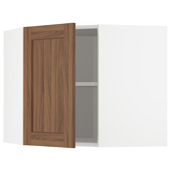 METOD corner wall cabinet with shelves, white Enköping/brown walnut effect, 68x60 cm