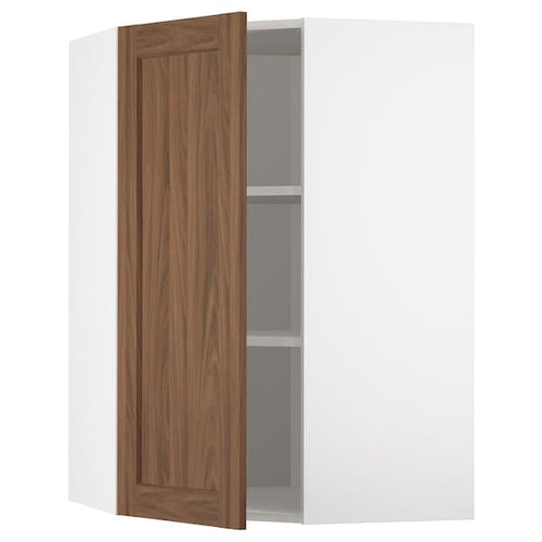 METOD - Corner wall cabinet with shelves, white Enköping/brown walnut effect, 68x100 cm