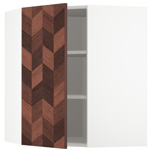 METOD - Corner wall cabinet with shelves, white Hasslarp/brown patterned , 68x80 cm