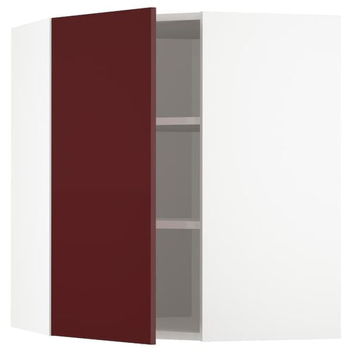 METOD - Corner wall cabinet with shelves, white Kallarp/high-gloss dark red-brown , 68x80 cm