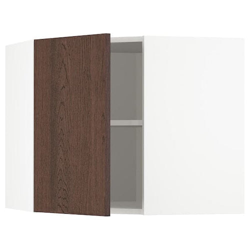 METOD corner wall cabinet with shelves, white/Sinarp brown, 68x60 cm