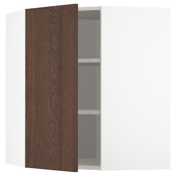 METOD - Corner wall cabinet with shelves, white/Sinarp brown , 68x80 cm - best price from Maltashopper.com 29404519