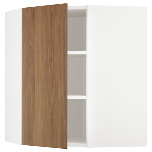 METOD - Corner wall cabinet with shelves, white/Tistorp brown walnut effect, 68x80 cm