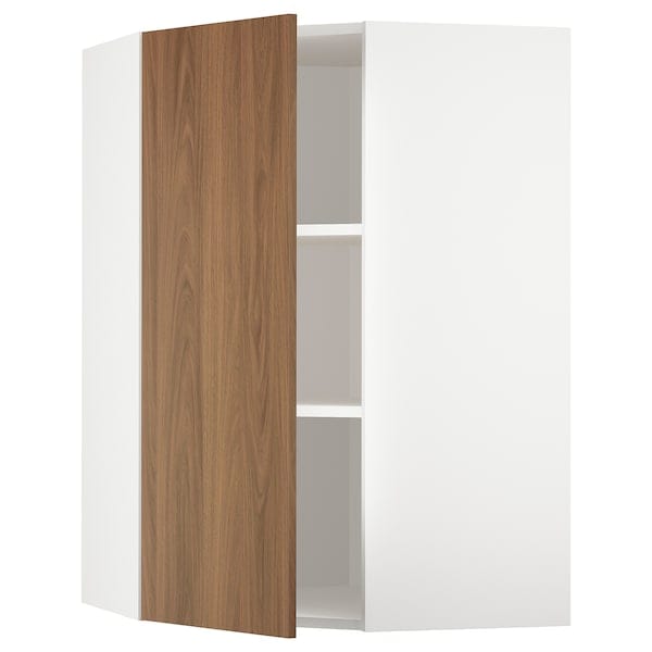 METOD - Corner wall cabinet with shelves, white/Tistorp brown walnut effect, 68x100 cm