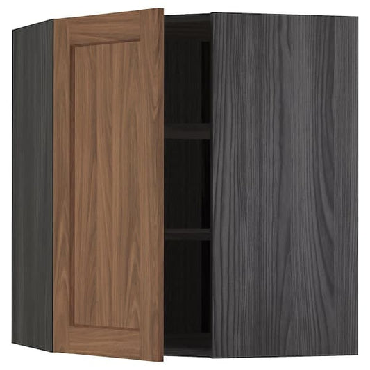 Ikea METOD - Corner wall cabinet with shelves, black Enköping/brown walnut effect, 68x80 cm