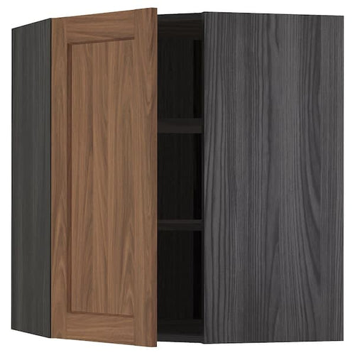 METOD - Corner wall cabinet with shelves, black Enköping/brown walnut effect, 68x80 cm