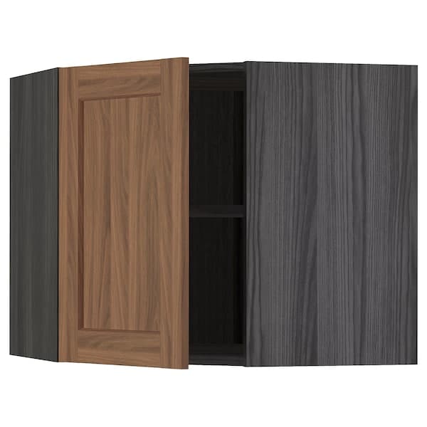 Ikea METOD - Corner wall cabinet with shelves, black Enköping/brown walnut effect, 68x60 cm