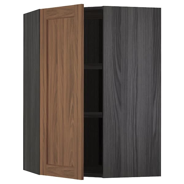 Ikea METOD - Corner wall cabinet with shelves, black Enköping/brown walnut effect, 68x100 cm