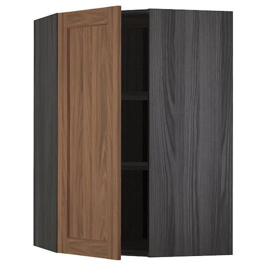 Ikea METOD - Corner wall cabinet with shelves, black Enköping/brown walnut effect, 68x100 cm