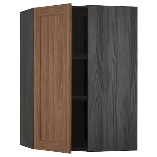 METOD - Corner wall cabinet with shelves, black Enköping/brown walnut effect, 68x100 cm